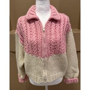 Aeropostale Hand Knit Cardigan Sweater Vtg Pink/Crm 100% Wool Y2K Size L